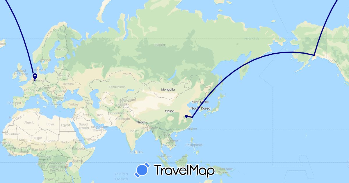 TravelMap itinerary: driving in China, Germany, South Korea, United States (Asia, Europe, North America)